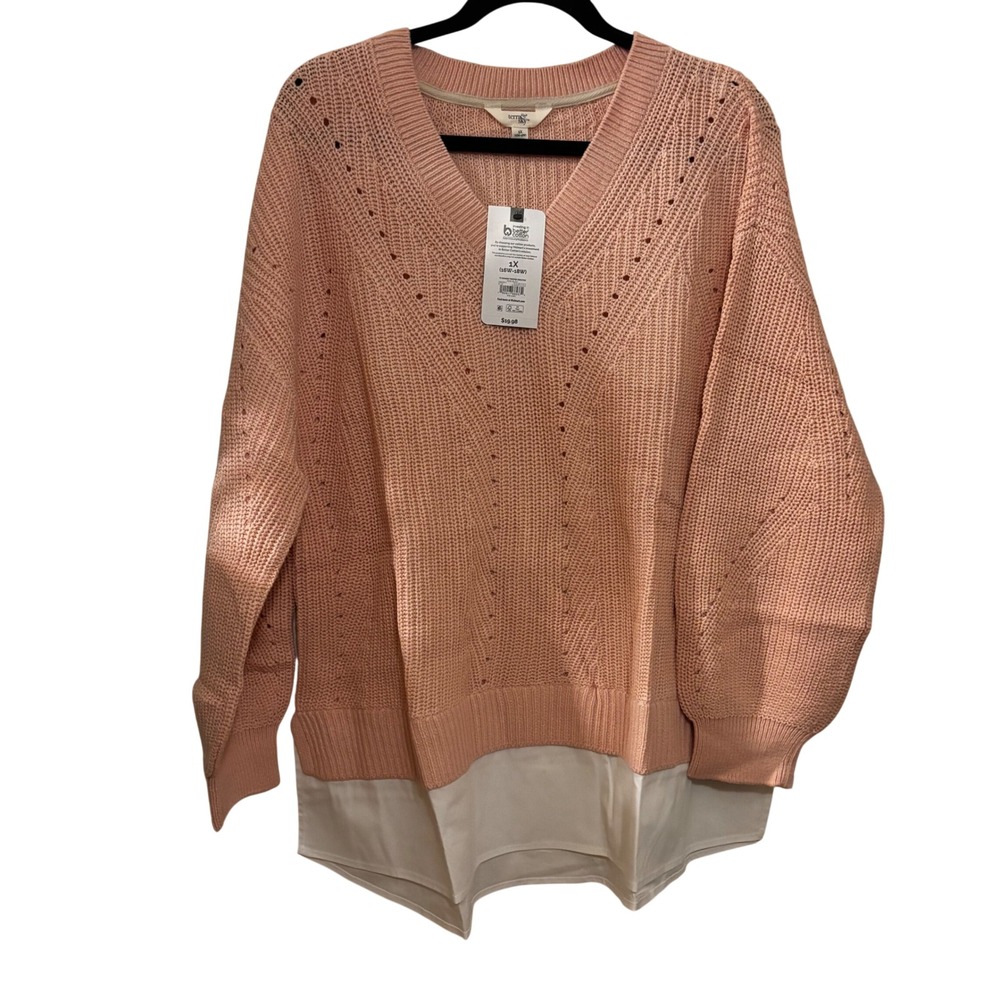 Terra & Sky Women's 1X NWT Pearl Blush V-Neck Layered Look Sweater Top